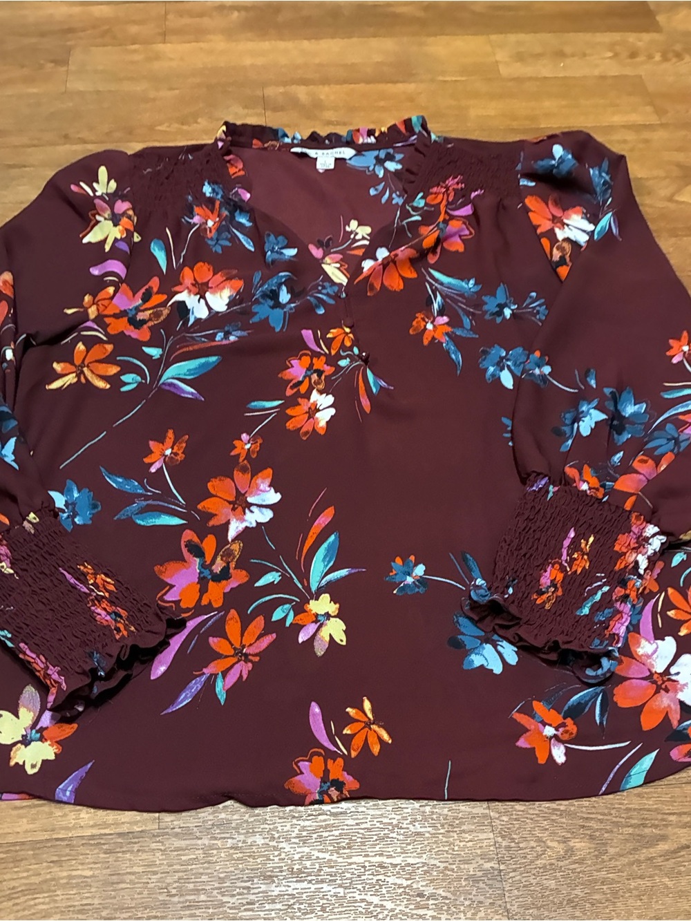Zac & Rachel Maroon Floral V-Neck Blouse with Smocked Cuffs
